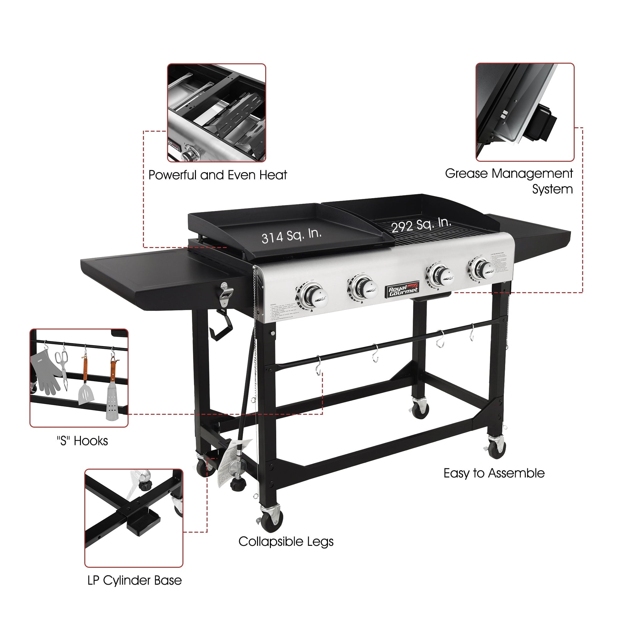 Gourmet 4-Burner GD401 Portable Flat Top Gas Grill and Griddle Combo with Folding Legs