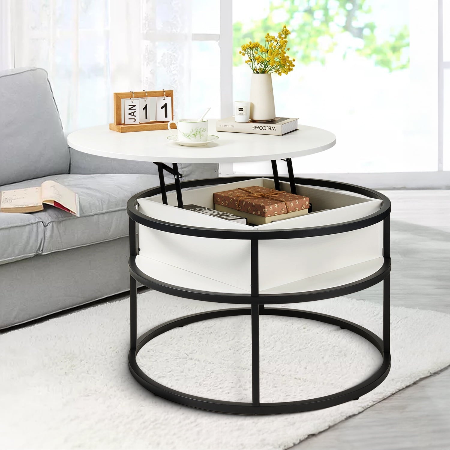 Round Lift Top Coffee Table with Storage, Industrial Wood Coffee Table with Metal Frame for Living Room, White