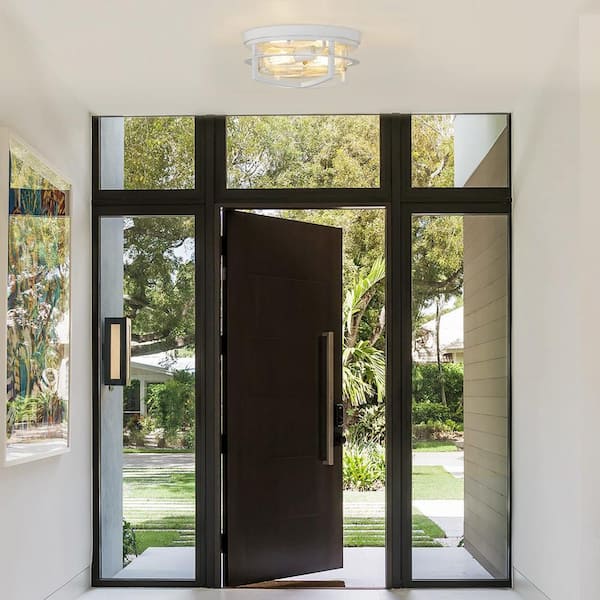 13 in. 2-Light White Flush Mount Ceiling Light with Seeded Glass