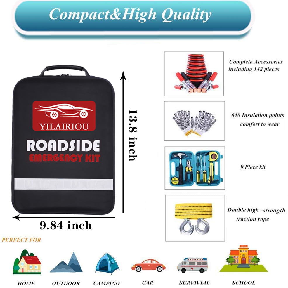 YILAIRIOU Roadside Assistance Emergency Kit - Car Emergency Kit With Jumper Cables (Upgraded) Emergency Roadside Kit for Car 142 Pieces Car Safety Kits ,Tow Strap,Tool Kit,Reflective Warning Triangle
