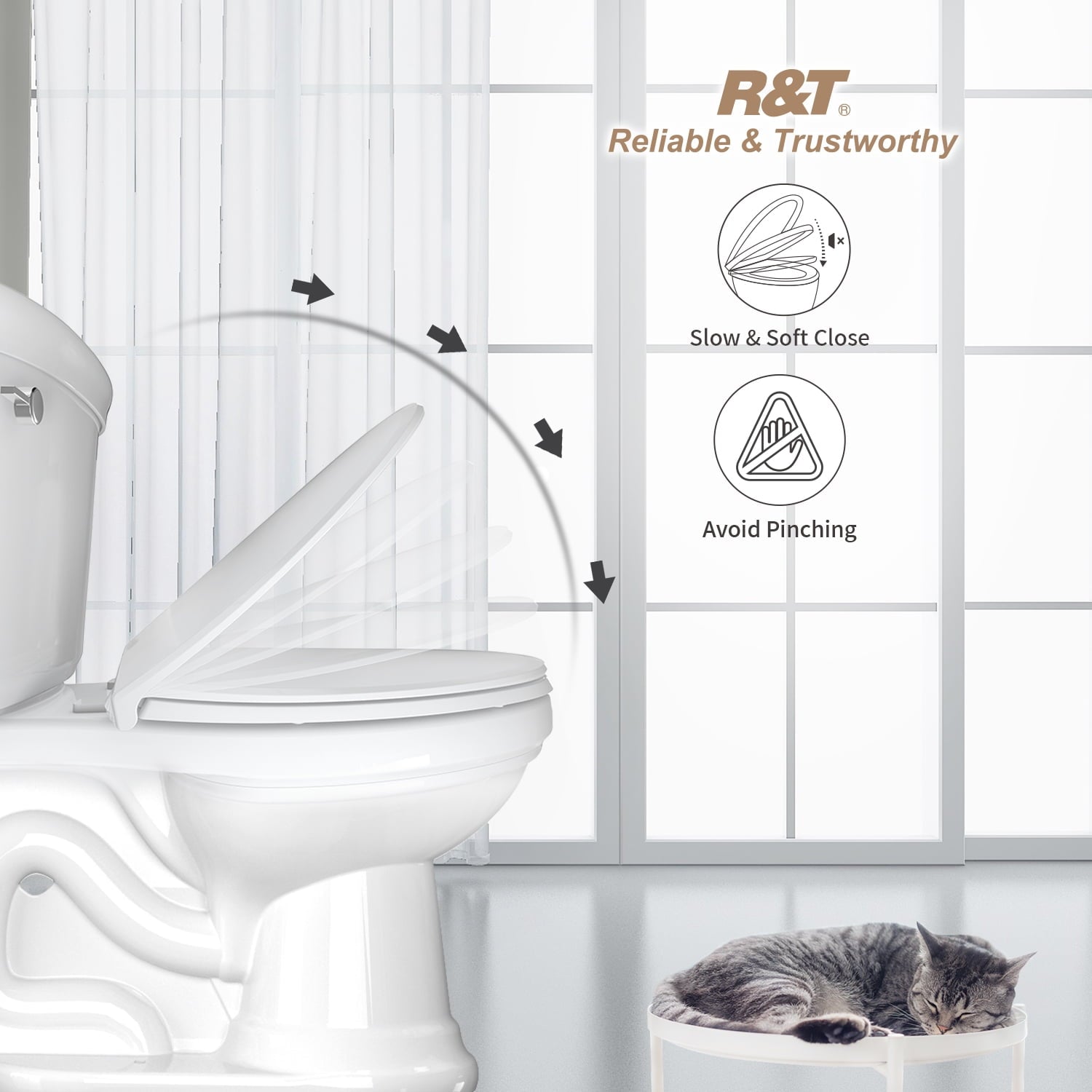 R&T B1130 Toilet Seat 400 pound Oval Plastic Toilet Seat Soft Close No Slam White