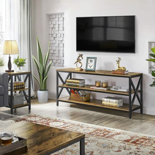 55 Inch Rustic Brown TV Stand X Shape Design 3 Tier Storage Shelves Metal Frame