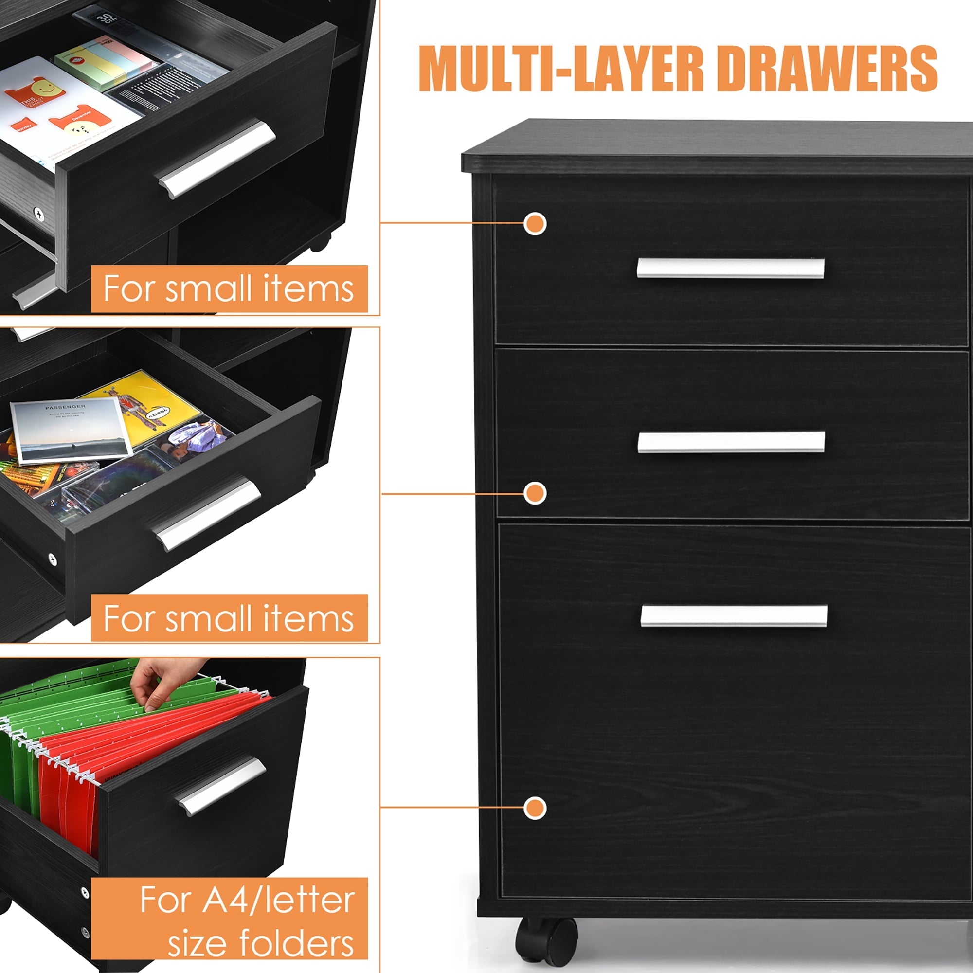 Costway 3-Drawer File Cabinet Mobile Lateral Cabinet Printer Stand Black