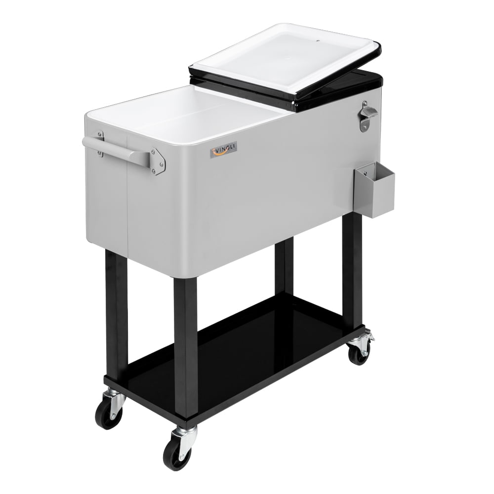 VINGLI 80 Quart Steel Rolling Ice Chest, Cooler Cart with Shelf, Bottle Opener