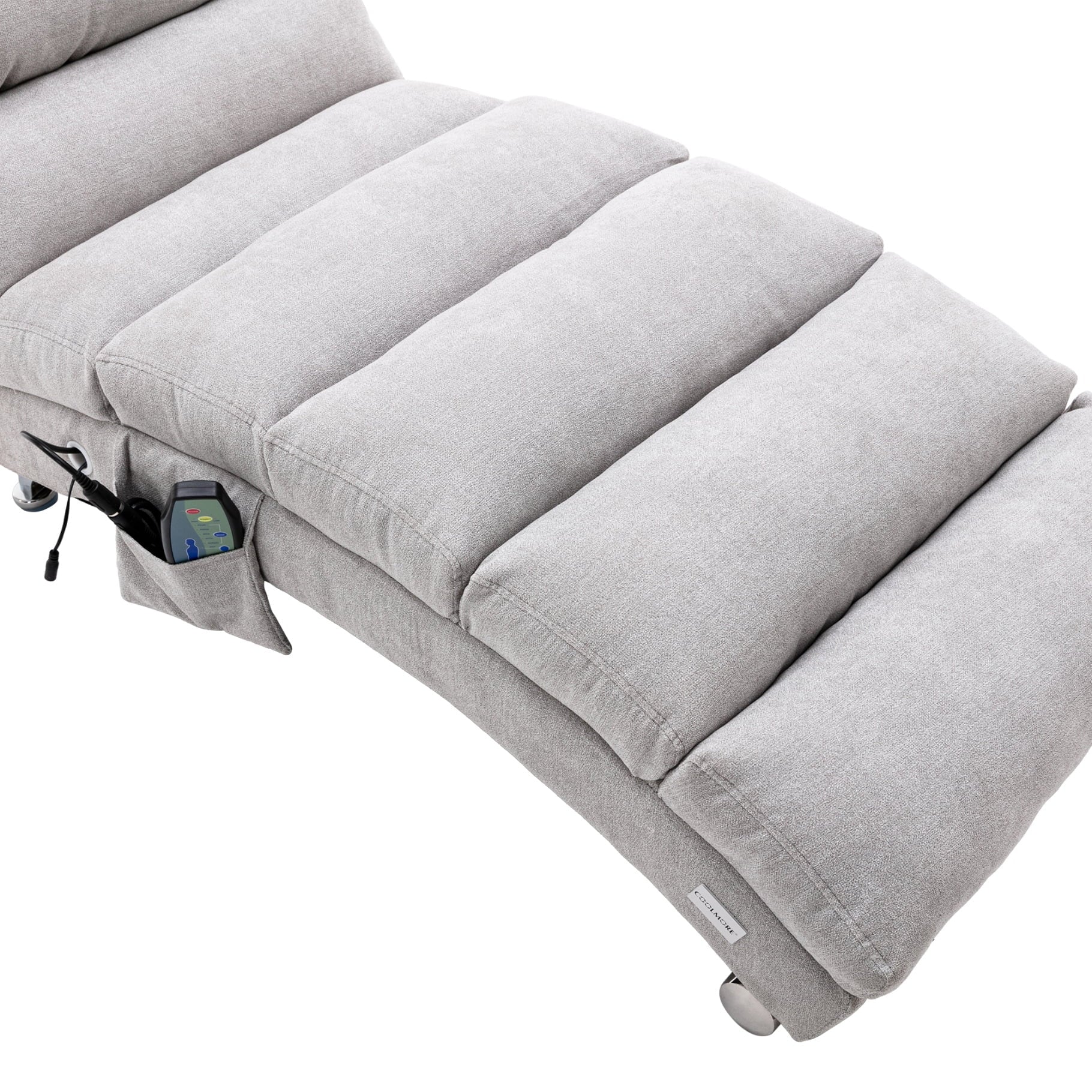 Power Massage Chaise Lounge Chair with 140° Backrest and Side Pocket, Long Lounger Armless Upholstered Chaise with Metal Legs for Office Living Room, Light Grey