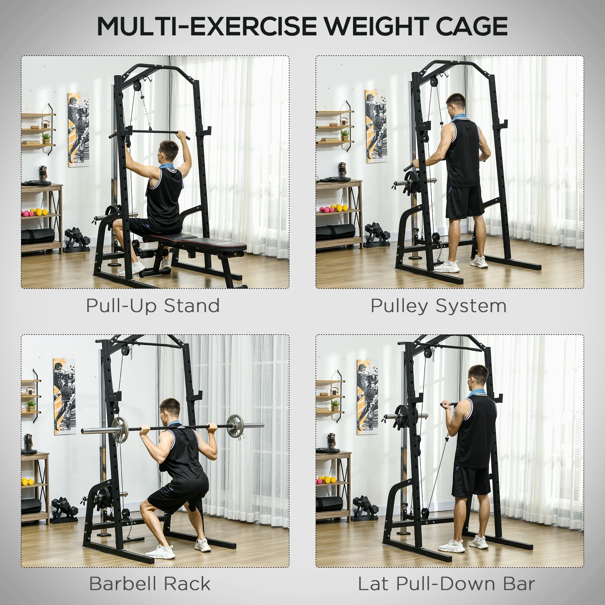 Soozier Power Cage with Pulley System, Squat Rack, Pull up / Push up Stand