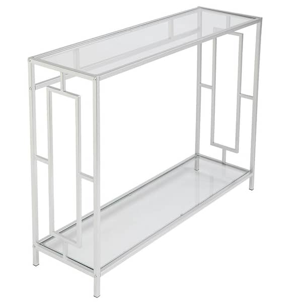 40.16 in. Standard Rectangle Silver FCH Toughened Glass Panel Console Table with Shelves