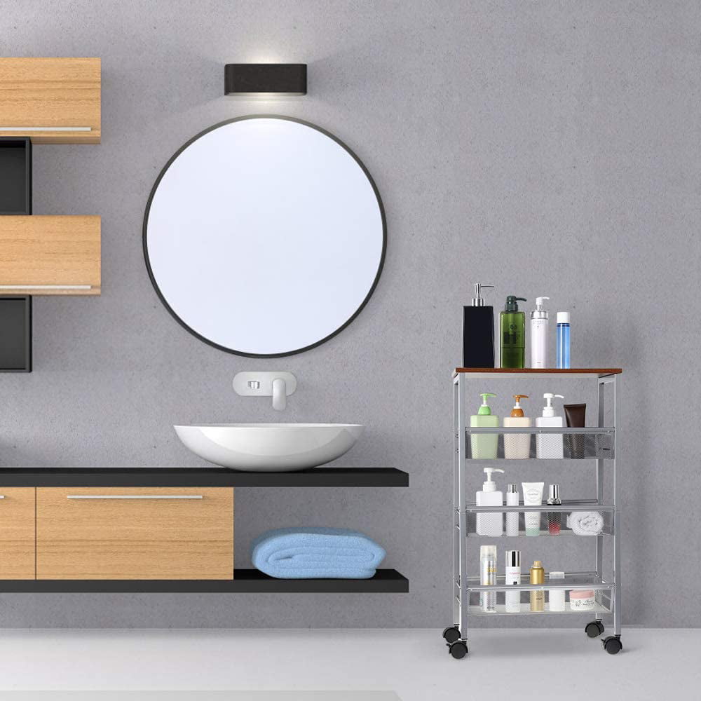 NEX 3-Tier Rustic Kitchen Cart MDF Wood Top and Metal Frame, Silver