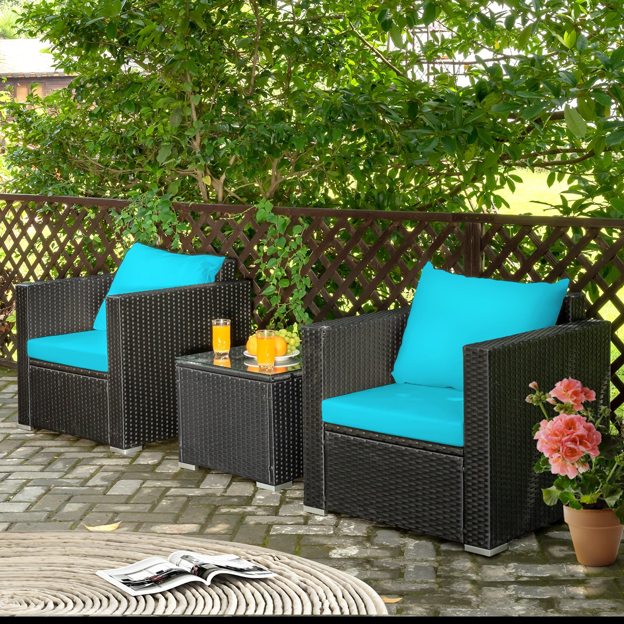 Costway 3PCS Patio Rattan Wicker Furniture Set Sofa Table W/Cushion Turquoise