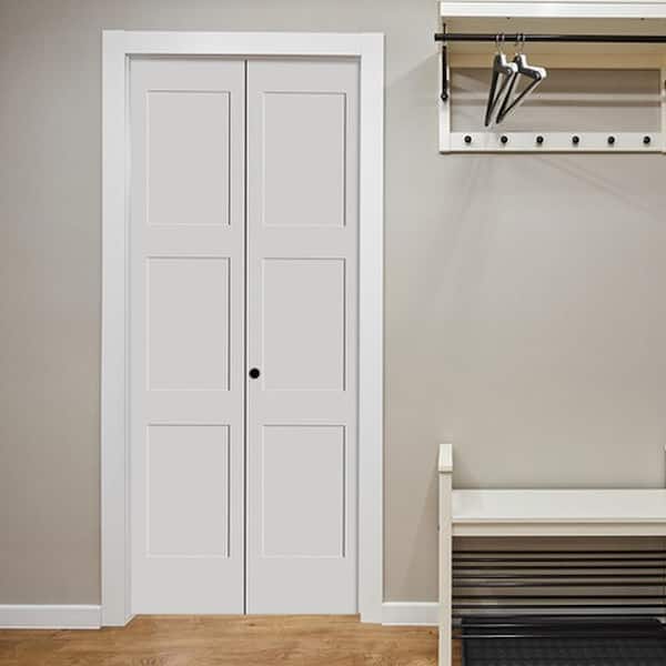 36 in. x 80 in. Solid Wood Primed White Unfinished MDF 3-Panel Shaker Bi-Fold Door with Hardware