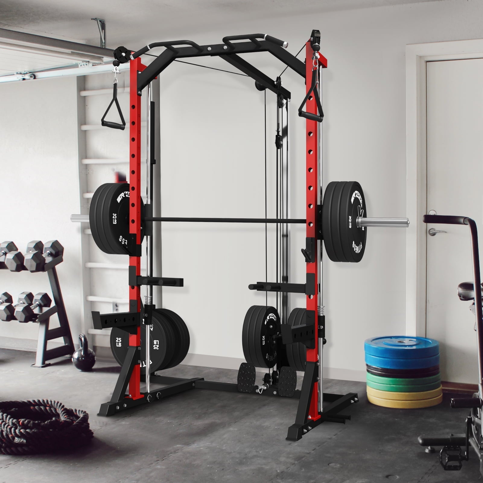Mikolo Smith Machine Home Gym, Multi-Functional Power Rack with Cable Crossover System, Squat Rack with Weight Bar, Landmine, Dip Bars, T-Bar and Other Attachements
