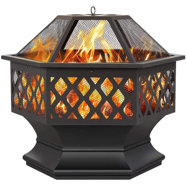24 in. x 8.25 in. Outdoor Hex-Shaped Patio Firebowl Portable Wood Fire Pit with Spark Screen Cover, Poker and Grill