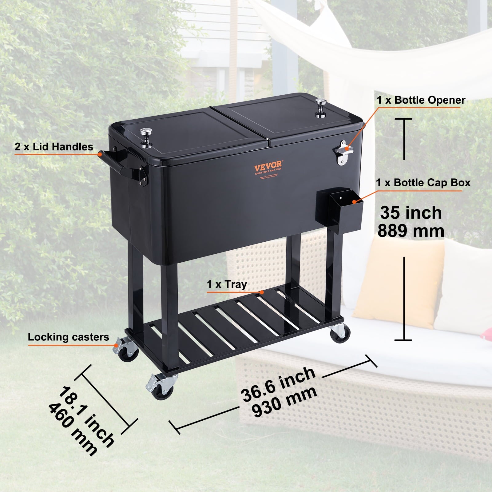 BENTISM 80Qt Rolling Cooler Cart with Bottle Opener Drainage Patio Party Bar Drink