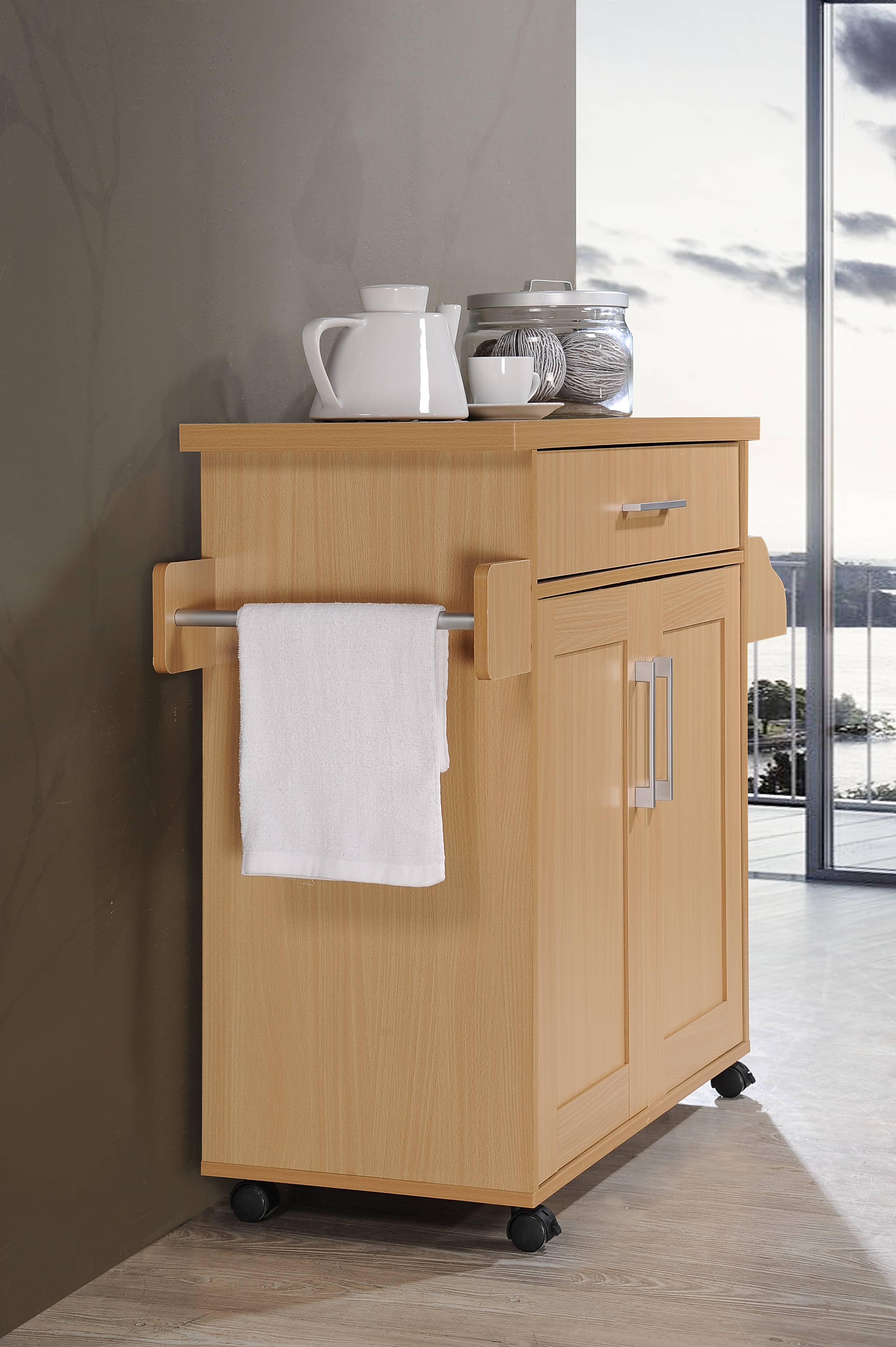 Hodedah Kitchen Cart with Spice Rack plus Towel Holder, Beech