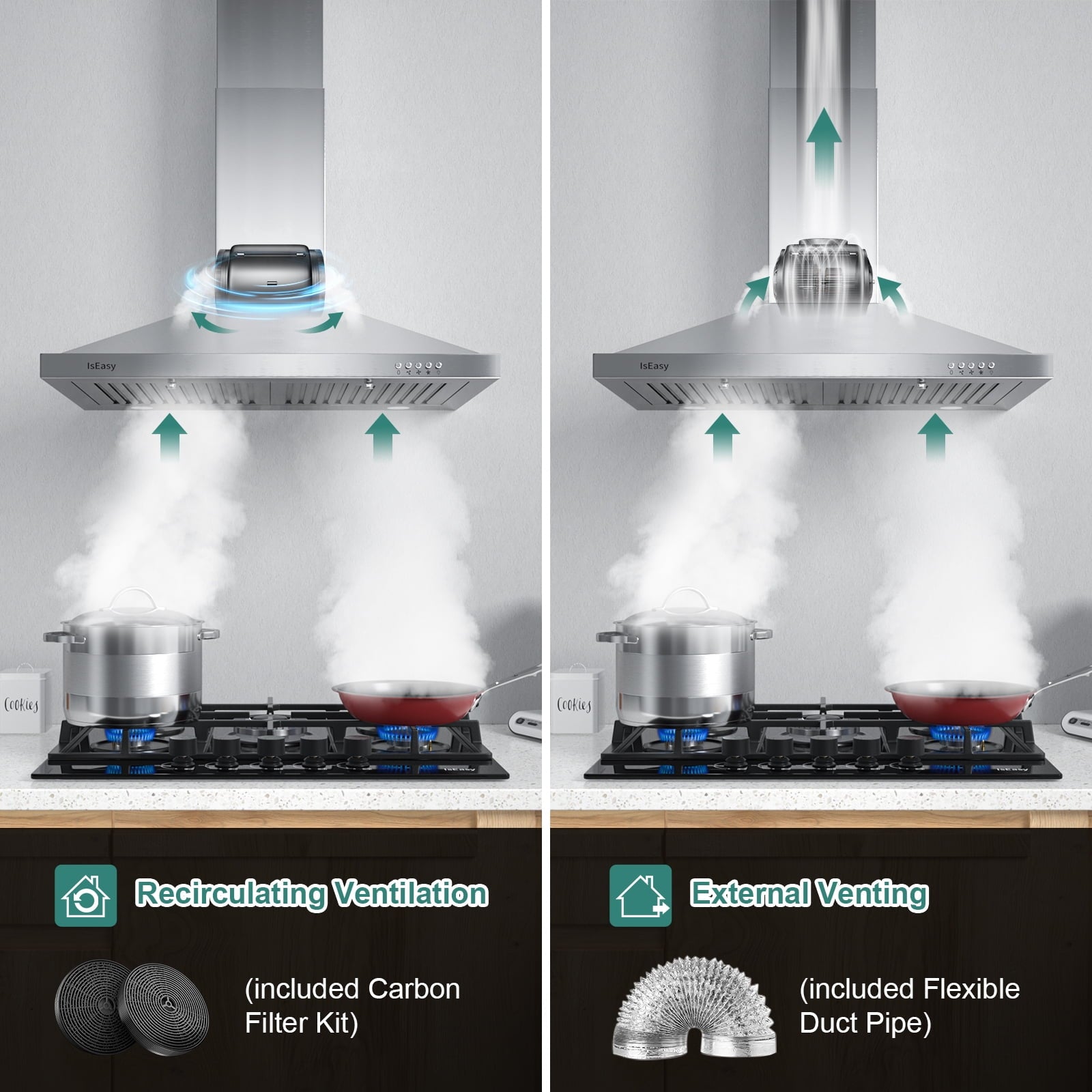 Range Hood 30 inch, IsEasy Wall Mount Vent Hood 500 CFM with Ducted Convertible Ductless Kitchen Hood in Stainless Steel, 3 Speed Exhaust Fan, LED Lights