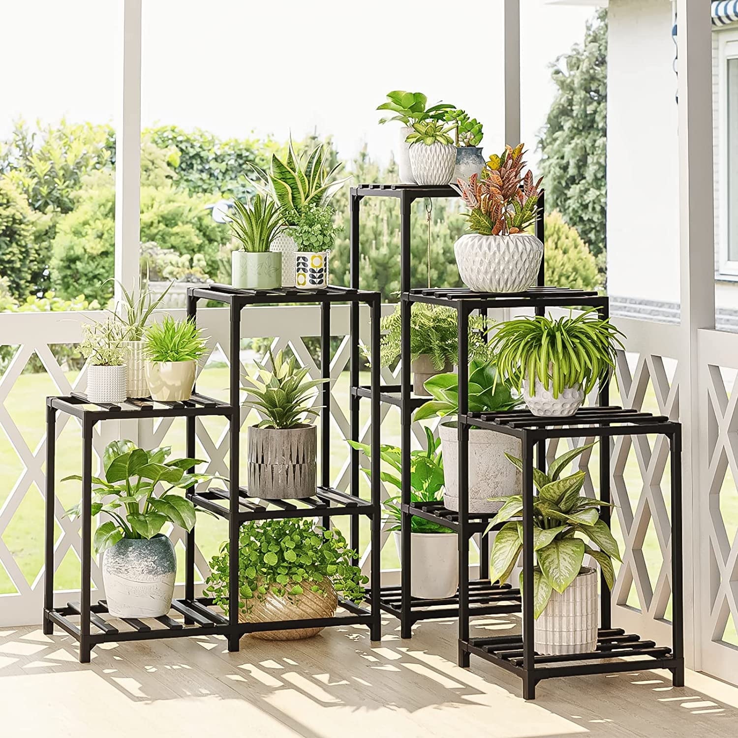 Bamworld Plant Stand Outdoor Black Plant Shelf Indoor Tiered Plant Table for Multiple Plants 3 Tiers 7 Potted Ladder Plant Holder Table Plant Pot Stand for Window Garden Balcony Living Room