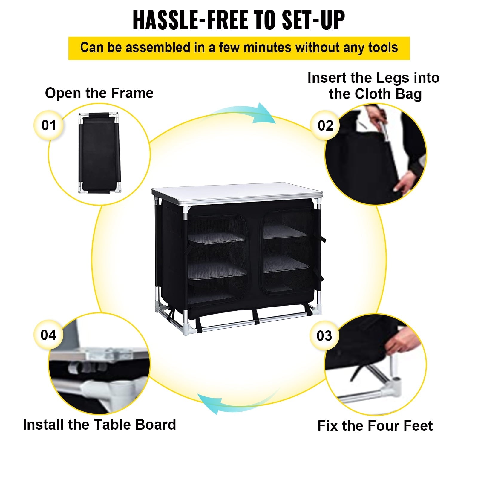 Camping Kitchen Station, Aluminum Portable Folding Cook Table with Storage Organizer and Carrying Bag, Quick Installation for Outdoor BBQ Party Backyards and Tailgating, Black