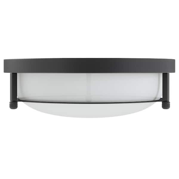 13 in. 2-Light Industrial Black Flush Mount Farmhouse Close to Ceiling Light Fixture with White Glass Shade