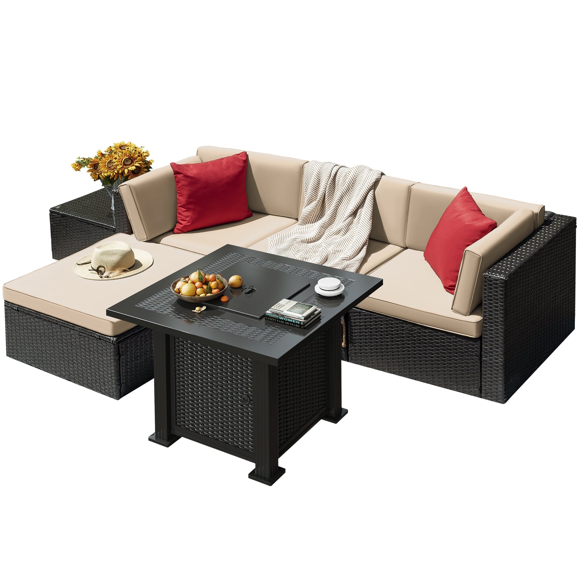 Devoko 6 Pieces Fire Pit Seating, Outdoor Sectional Rattan Sofa Set with 40000 BTU Propane Fire Pit Table