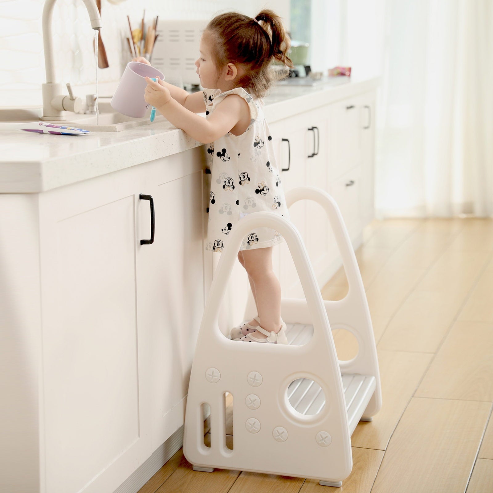 Mangohood Toddler Step Stool, Kids Two Step Tower for Bathroom Sink, Toilet Potty Training, Kitchen Counter, Children Step Up Learning Helper with Safety Handles and Non-Slip Pads,Gray