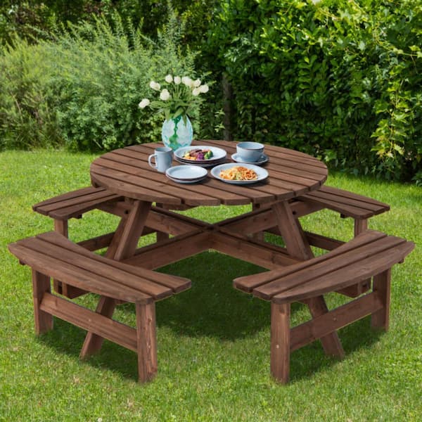 8 Person Fir Wood Patio Outdoor Dining Picnic Table Seat Bench Set 2000 lbs Capacity with 8 Seat and 2 in. Umbrella Hole