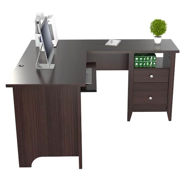 53.1 in. Espresso Wengue L-Shaped 2 -Drawer Computer Desk with Keyboard Tray