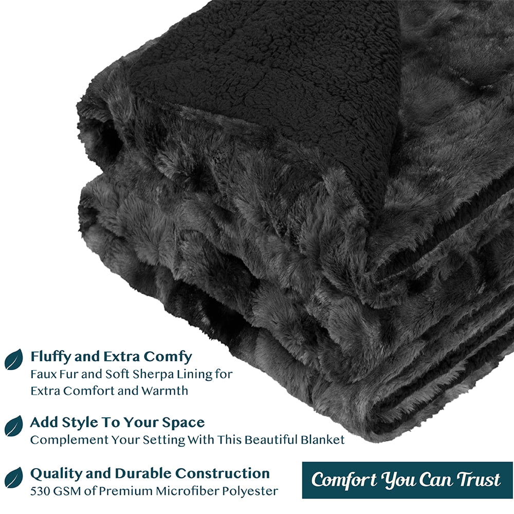 PAVILIA Faux Fur Queen Bed Blanket Tie-Dye Black, Soft Fuzzy Warm Sherpa Blanket for Bed, Fluffy Plush Thick Fleece Throw Blanket for Couch Sofa, Reversible Furry Shaggy Large Blanket, Black 90x90