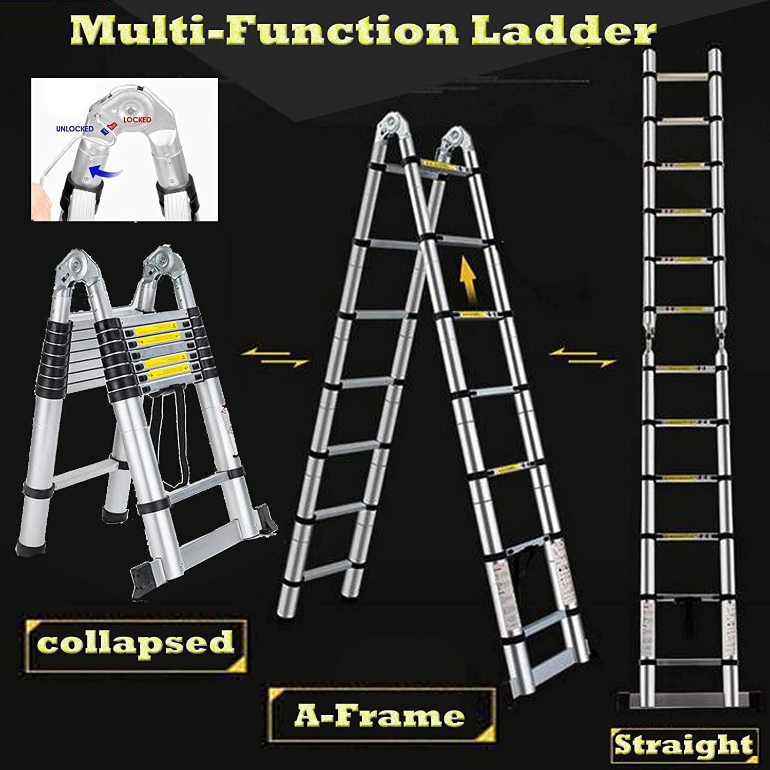Bowoshen Telescopic Loft Ladder 16.5Ft Extendable Collapsible Step Ladders Securing Bolt 330lb Loading EN131 Certified