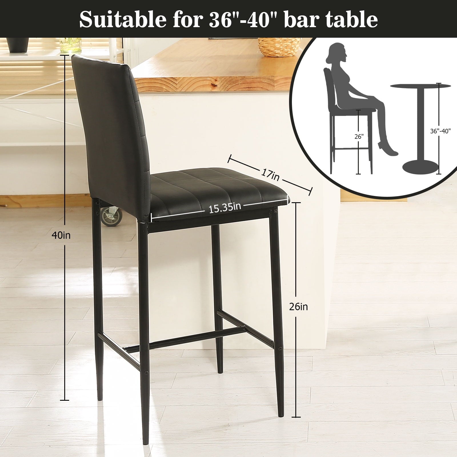 Surmoby Bar Stools Set of 2,Faux Leather Counter Height Bar Stools Set of 2,Industrial Stool Chairs with Back and Footrest,Black