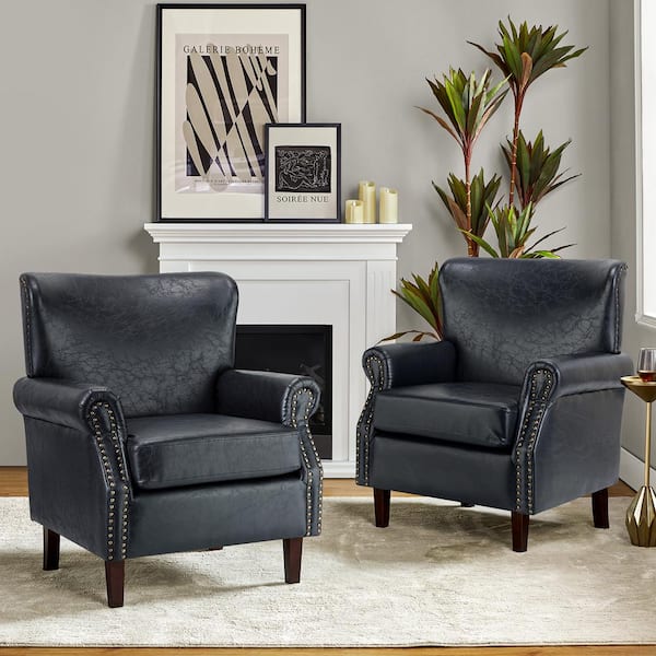 Enzo Traditional Comfy Vegan Leather Solid wood Legs Armchair with Nailhead Trim for Livingroom and office Set of 2-Navy