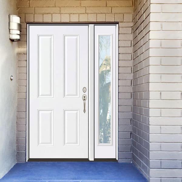 49 in. x 80 in. Element Series 4-Panel White Primed Left-Hand Steel Prehung Front Door with 10 in. Clear Glass Sidelite