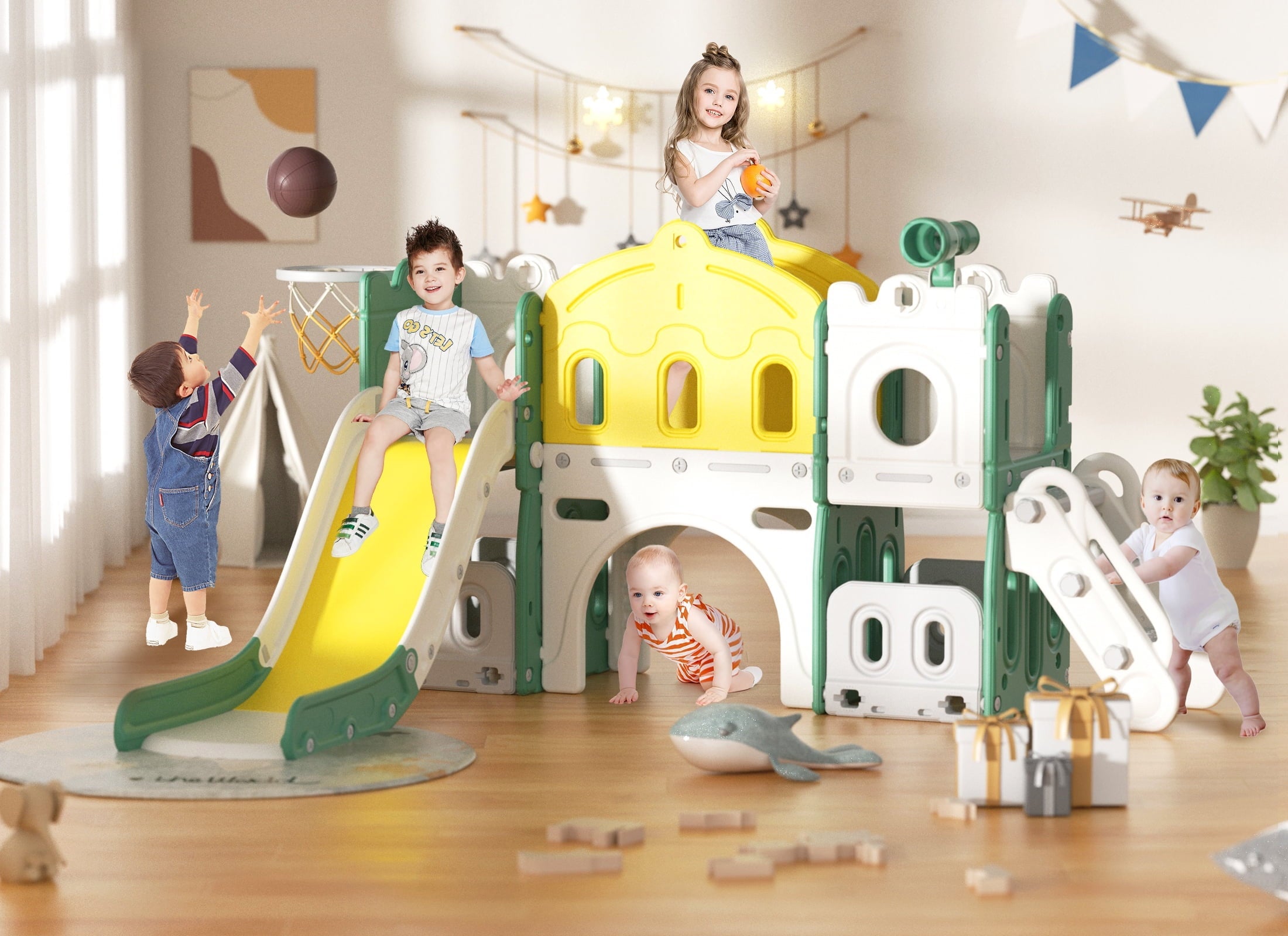 XJD 8-in-1 Toddler Slide, Indoor Slide Set Playground for Kids, Outdoor Slide Toddlers Climber and Slide Set with Basketball Hoop and Ball, Slide for Toddlers Age 12 Month +(Green)