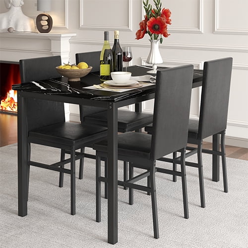 SEGMART Kitchen Dining Table Set for 4, Home Kitchen Table with Marble Tabletop and 4 PU Leather Chairs, Metal Frame Pub Table Set, Dinette Set for Family Gathering & Dining - Easy to Assemble, B1402