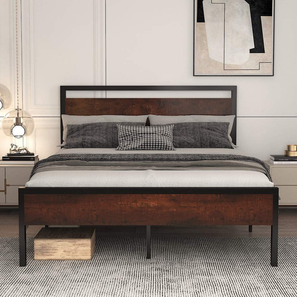 Allewie Sanders Full Size Metal Platform Bed with Wood Headboard and Footboard & Metal Slat