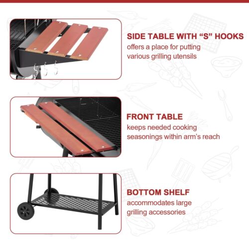 Royal Gourmet Charcoal Grill w/ Offset Smoker Wood-Painted Side & Front Table