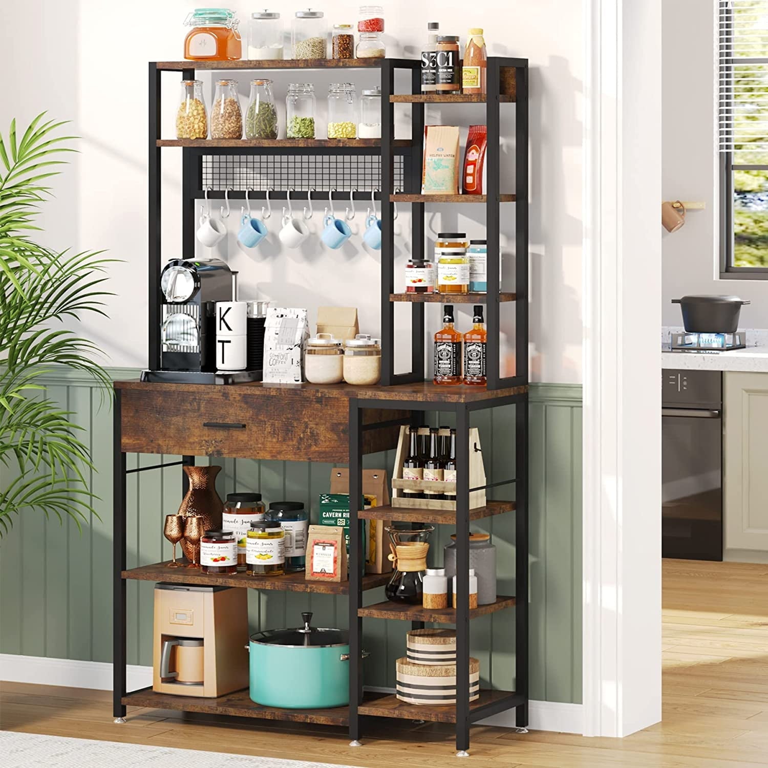 Tribesigns 70.9 inch Baker's Rack with Drawer, Wood 5-Tier+6-Tier Kitchen Shelf Rack, Brown