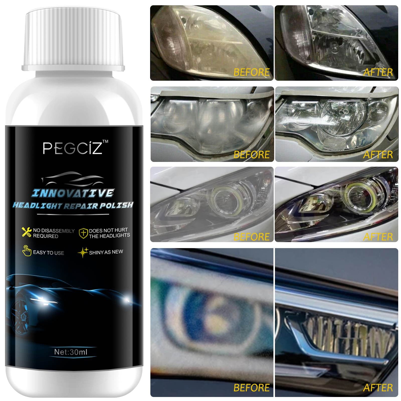 Pegciz Innovative Headlight Repair Polish for Car, Repair Yellow/Blurred/Oxidized/Scratch Headlight, Car Headlamp Cleaning Flulids Polish Plastic Surfaces to High Gloss,Headlight Restoration