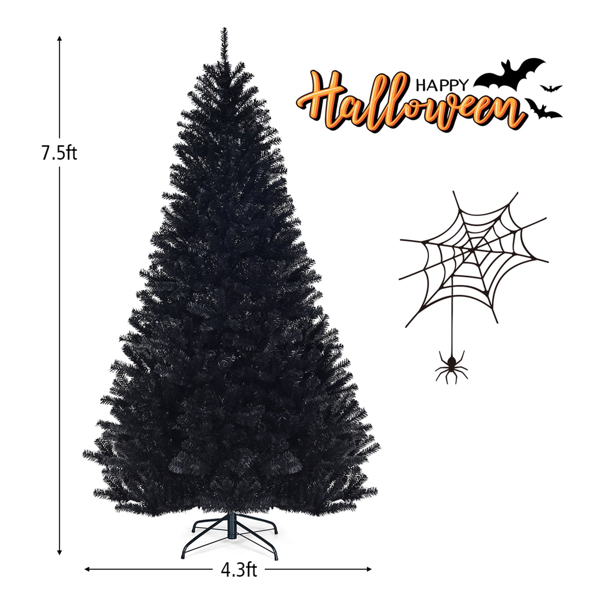 Gymax 7.5FT Artificial Halloween Christmas Tree Hinged Pine Tree Holiday Decoration Black