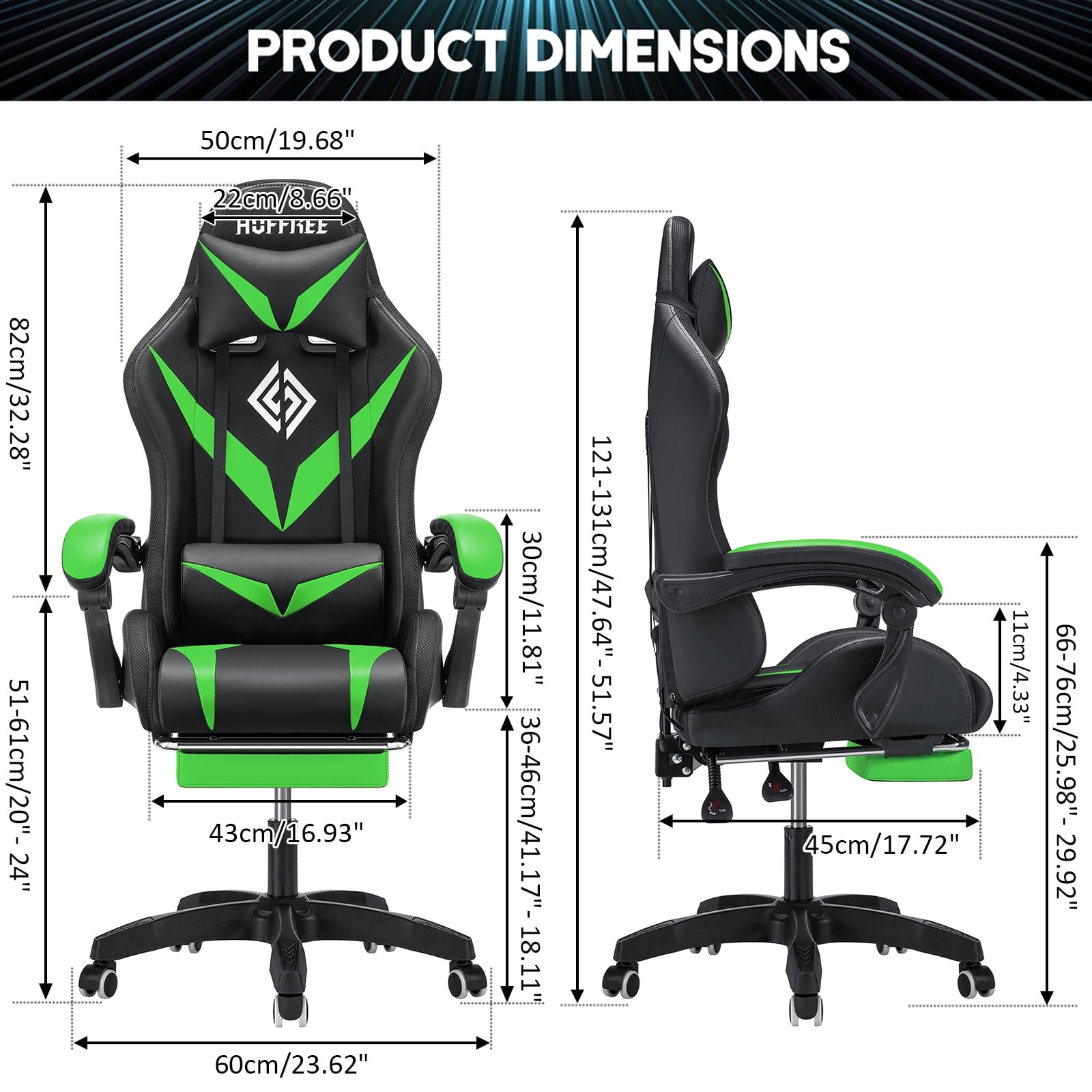 HOFFREE Gaming Chair with RGB LED Lights Ergonomic Computer Chair with Massage Lumbar Pillow Linkage Armrest Reclining Leather Video Game Chair Racing Style for Home Office