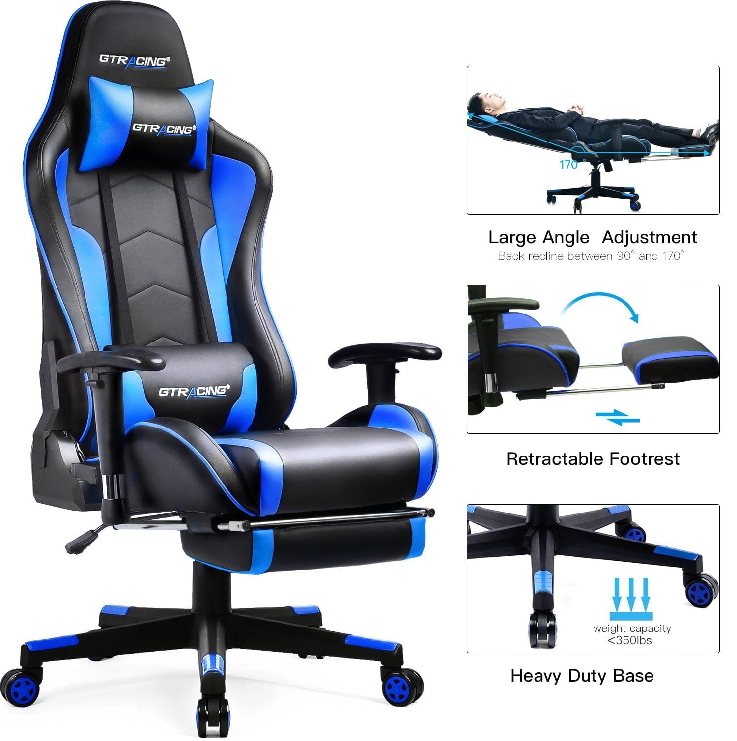 GTPLAYER Gaming Chair with Bluetooth Speakers Footrest PU Leather Music Office Chair, Blue
