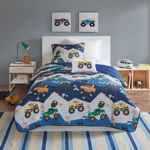 Gavin 4-Piece Blue Full/Queen Monster Truck Polyester Reversible Coverlet Set