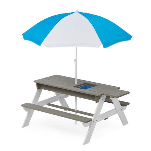 35 in.W Gray 3-in-1 Kids Outdoor Wooden Rectangle Picnic Table with Umbrella, Convertible Sand and Water