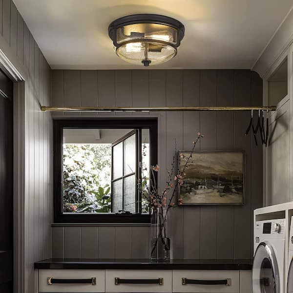 Modern 12 in. 2-Light Black Flush Mount Ceiling Light with Seeded Glass Shade