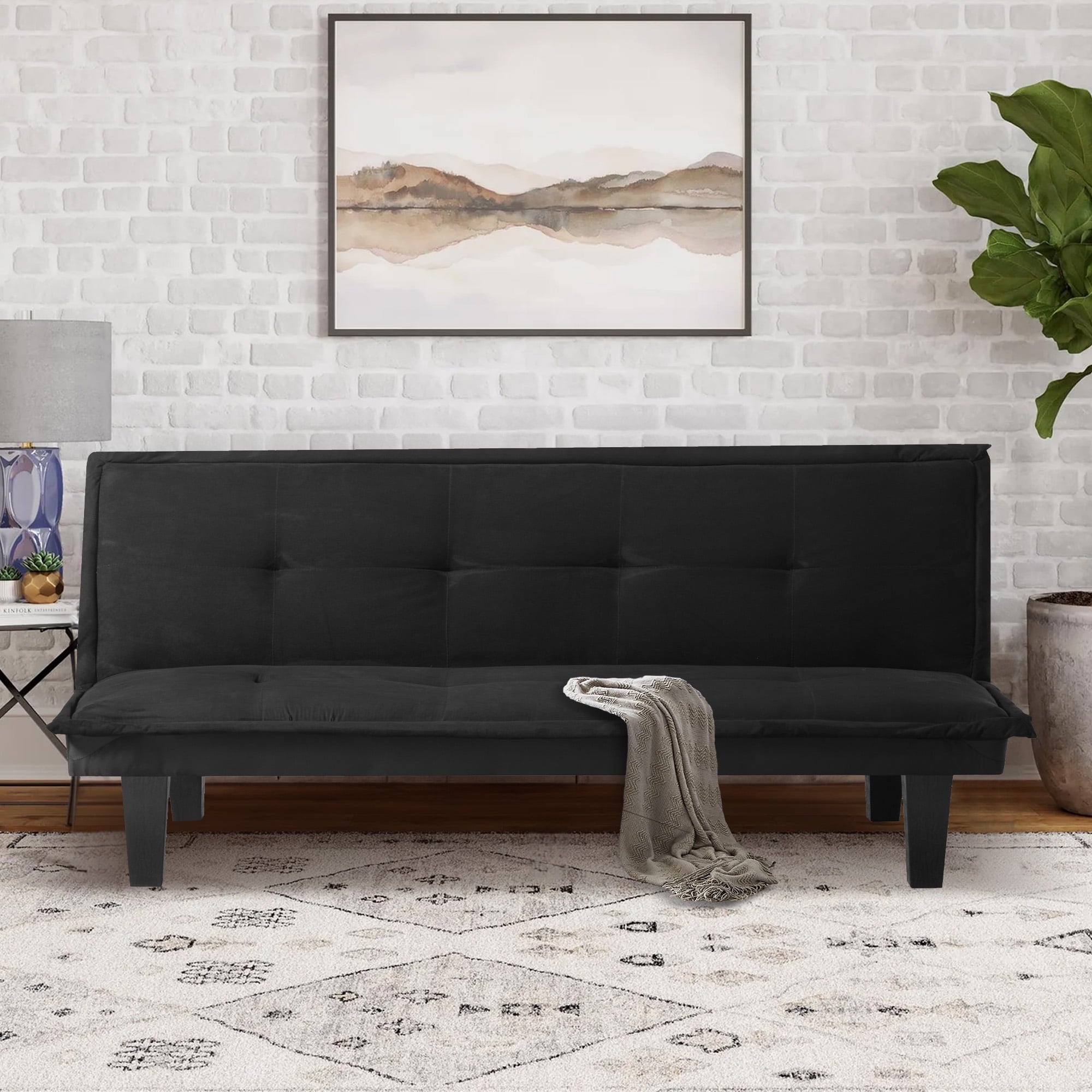Aukfa Futon Convertible Sofa Bed for Home Office, Tufted Back, Faux Suede, Black