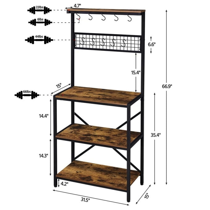 Vebreda Baker's Rack, Industrial Kitchen Island with Hooks Microwave Stand Adult