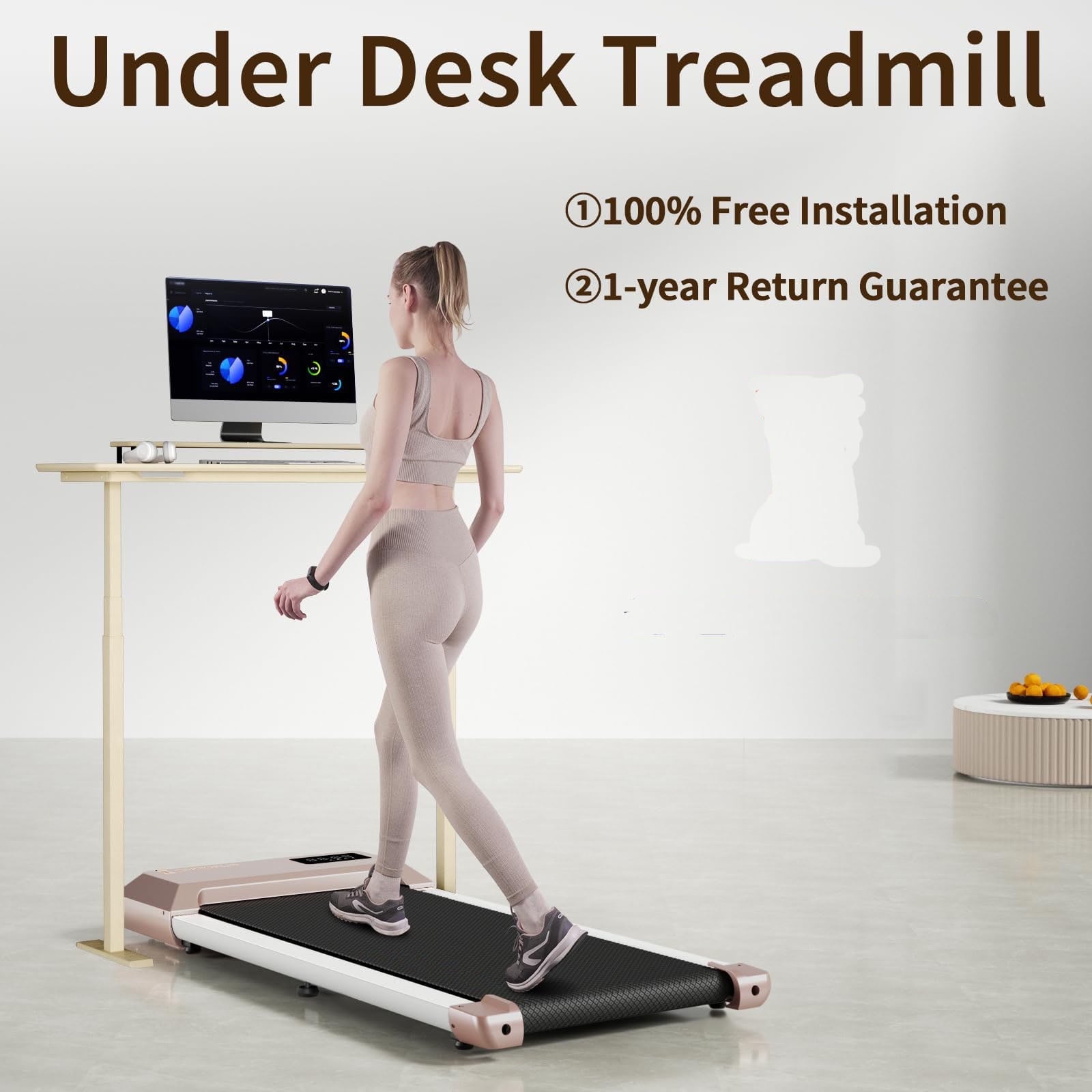 DeerRun Walking Pad Treadmill 2.5Hp, Ultra-Quiet with Remote Control-Under Desk Treadmill 2 in 1 Walking and Jogging with Remote Control LED Display(Pink)