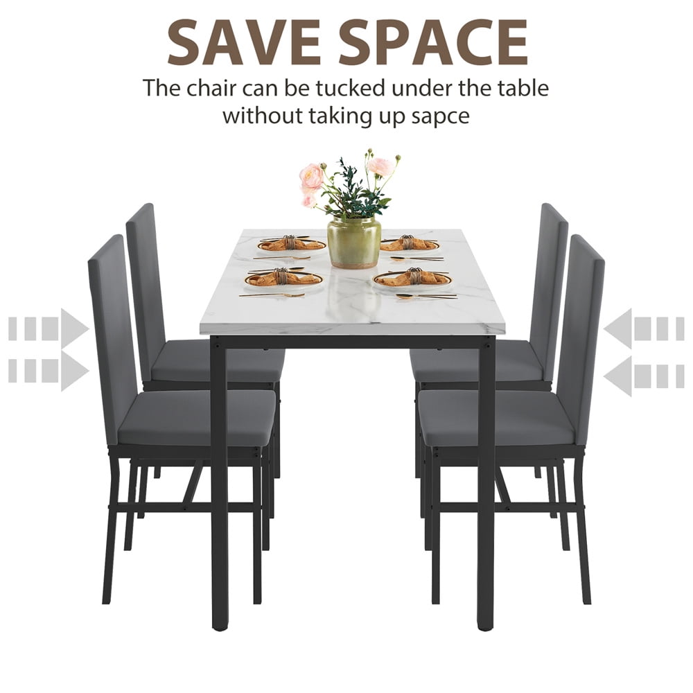 5 Piece Dining Room Table Set, Modern Dining Table Sets with Gray Velvet Upholstered Chairs for 4, Faux Marble Pattern Rectangle Kitchen Table Set for Bar Living RoomBreakfast NookSmall Space, L802