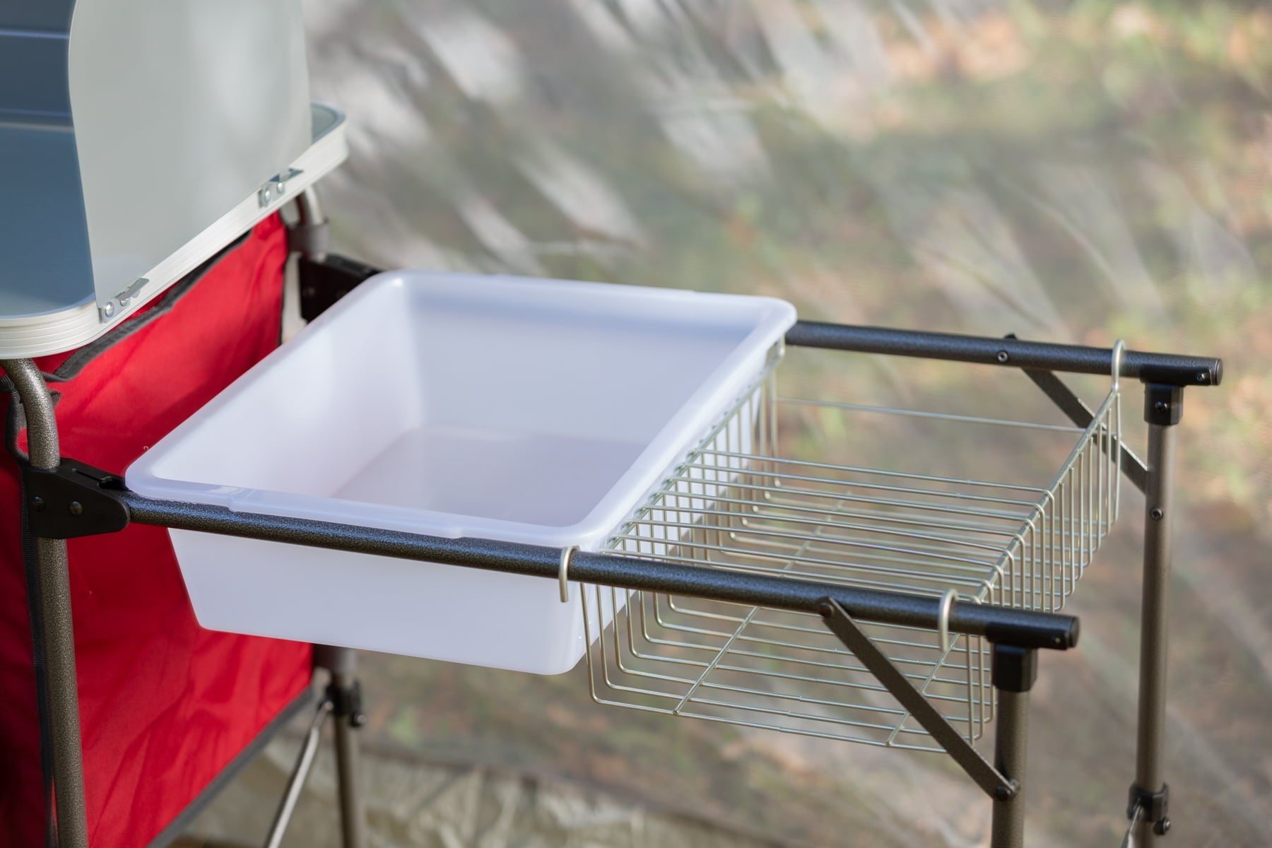 Trail Deluxe Camping Kitchen with Storage, Silver and Red, 31 Height