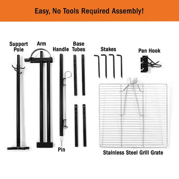 BuzzyGrill Stainless Steel Camping Over Fire Grill Includes Cast Iron Cookware Hook Attachment