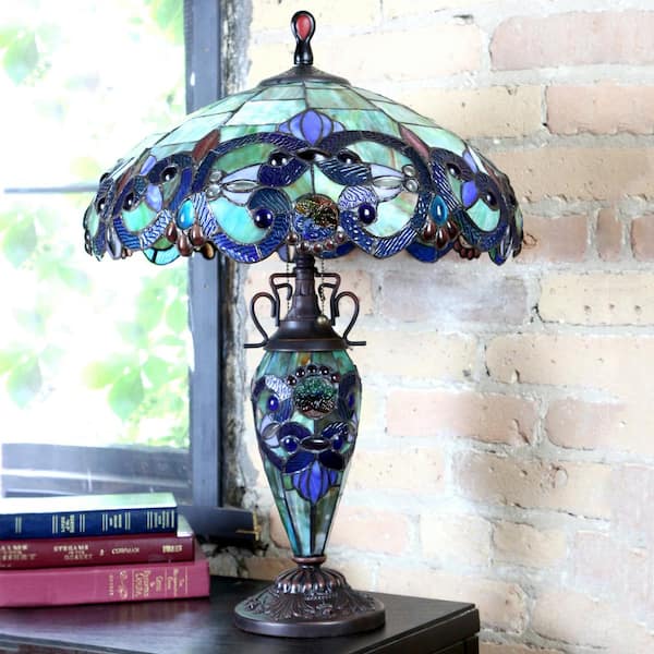 26 in. Blue Indoor Table Lamp with Stained Glass Victorian Style Shade and Lit Base